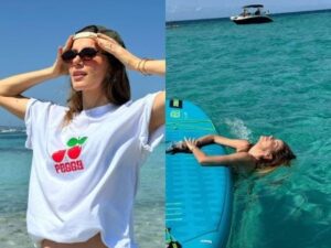 Camila Queiroz exibe barriguinha de grávida durante viagem a Ibiza com Klebber Toledo