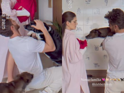 Fofura! Filha de Camila Queiroz e Klebber Toledo é recebida em casa pelos pets da família