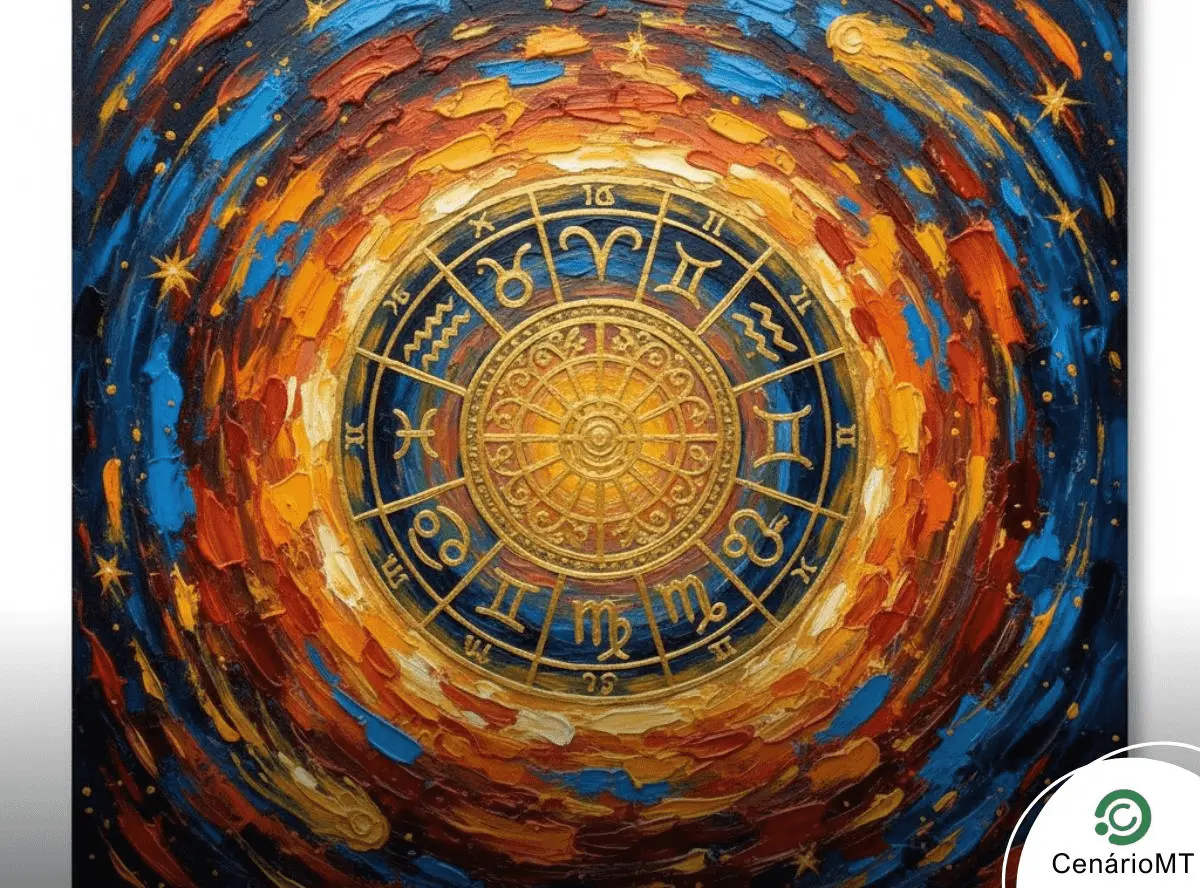 Ilustração dos 12 signos do zodíaco ao redor de uma mandala com o Sol, simbolizando as previsões para o dia de hoje