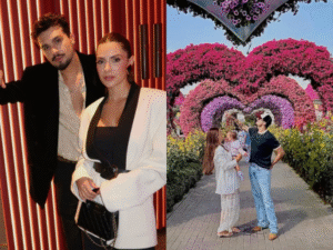 Luan Santana e Jade Magalhães passeiam com a filha Serena em parque temático de Dubai