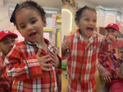 Mavie encanta ao fazer "mágica" para apagar a luz com a ajuda do pai, Neymar Jr.