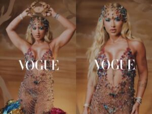 Virginia aposta em vestido transparente com cristais em homenagem a Grande Rio no Baile da Vogue