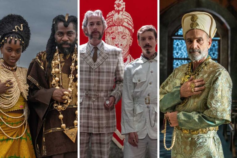 Fotomontagem de Jendal (Lázaro Ramos) e sua filha Kênia (Nikolly Fernandes), Mr. Campbell (Michel Blois) e Mr. Jones (João Pedro Zappa) e Paxá Soliman (Marco Ricca) em A Nobreza do Amor