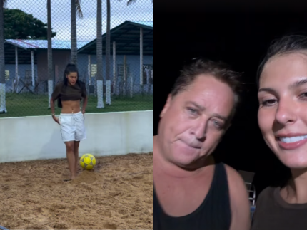 Ana Castela joga futevôlei com o ex-sogro, Leonardo, e provoca: "Como foi perder duas vezes?"